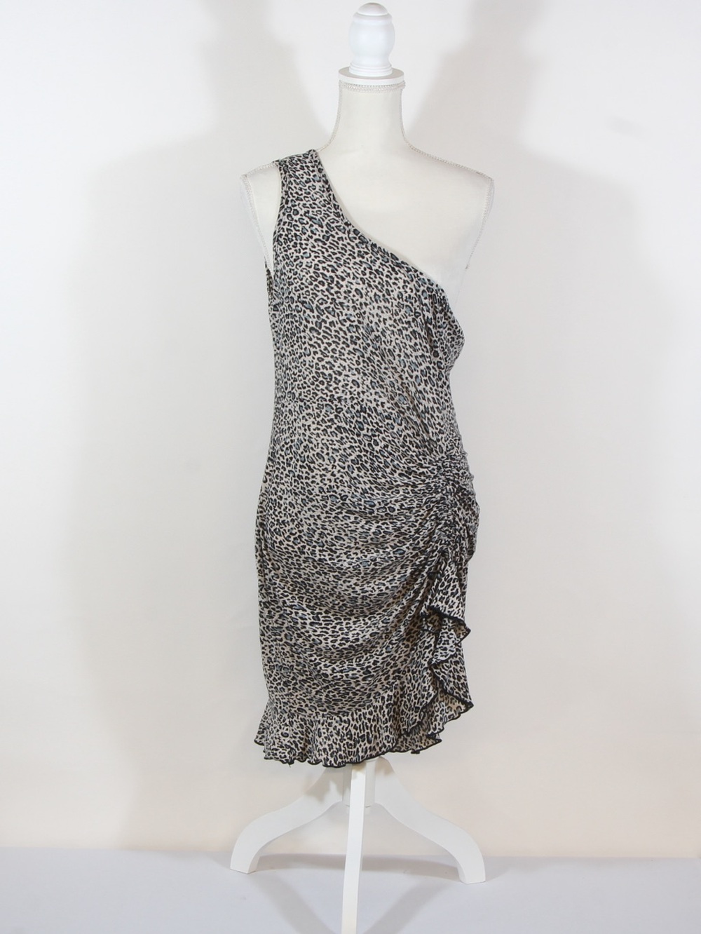 SHEIN One-Shoulder  Black & Cream Leopard Ruched Mini Dress